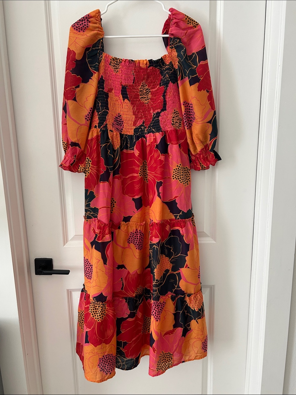 J Marie Bright Floral Smocked Midi Dress in Pink & Orange
